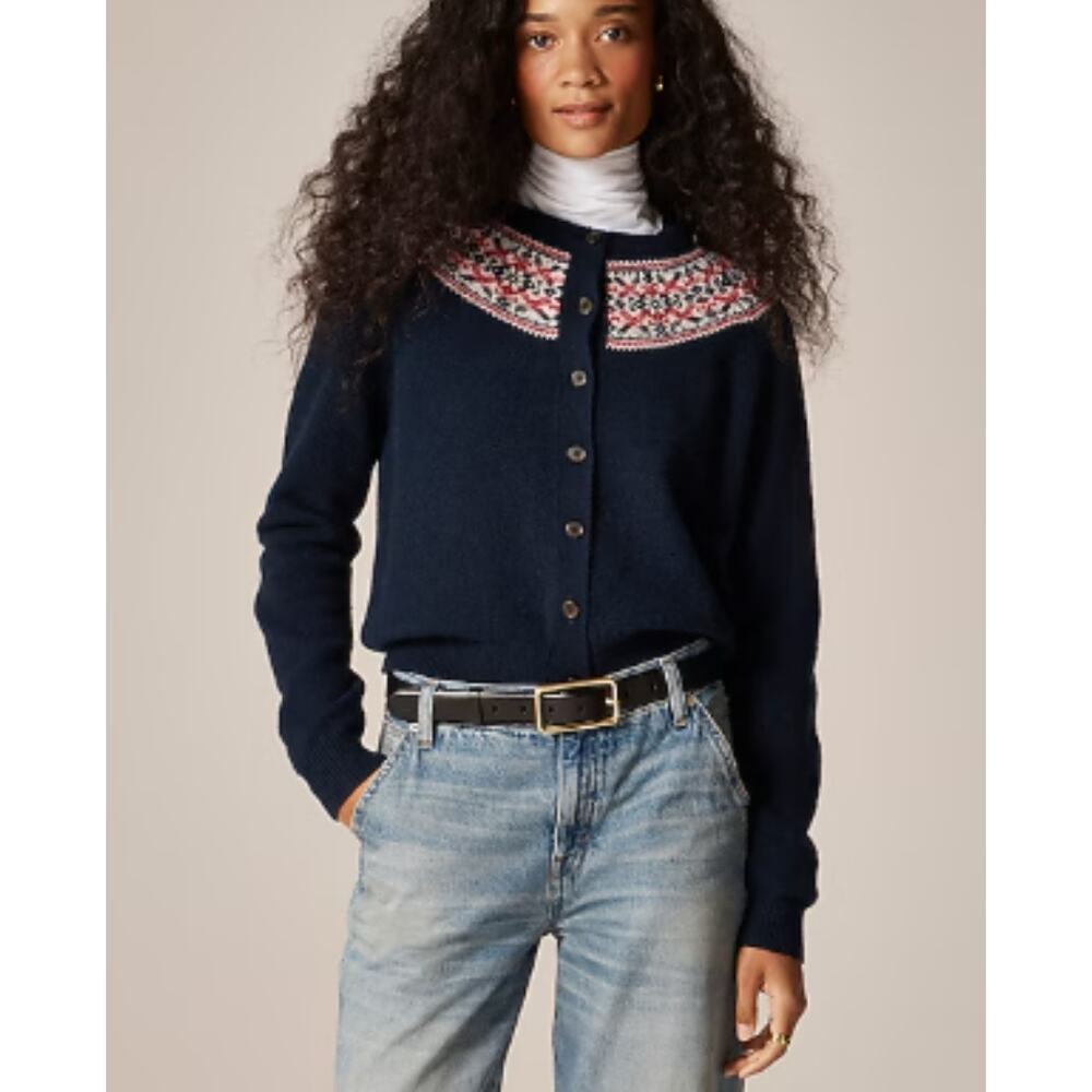 NWT J. Crew Classic Fair Isle Cardigan Navy Vintage Wool Western Cabincore Sz M